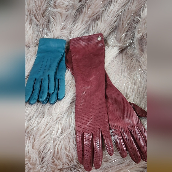 2 Pairs Of Elegant Teal Leather Gloves And Long Burgundy Leather Gloves - Picture 7 of 9